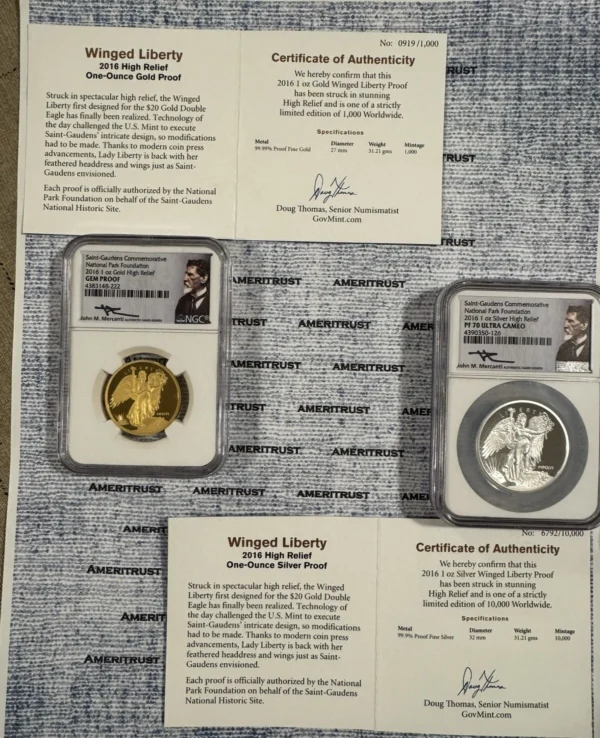 Rare 2016 Saint Gaudens Winged Liberty Gold & Silver High Relief incl orig COA - Image 7