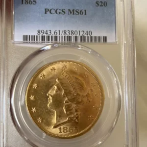 1865 P $20 PCGS MS61 - Liberty Double Eagle - Gold Coin
