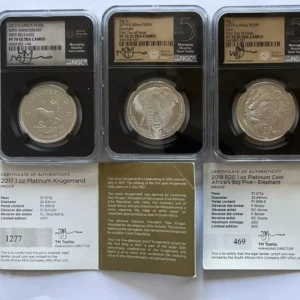 Set of three  1 OZ  /Platinum coins from South African Mint PF70UC signed .