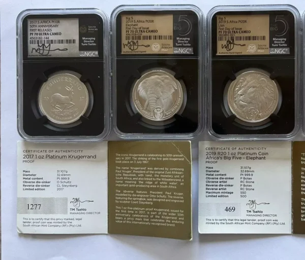 Set of three  1 OZ  /Platinum coins from South African Mint PF70UC signed .