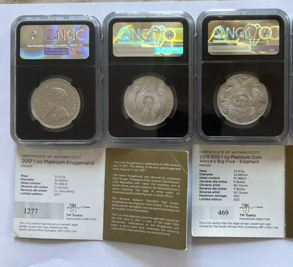 Set of three  1 OZ  /Platinum coins from South African Mint PF70UC signed . - Image 2