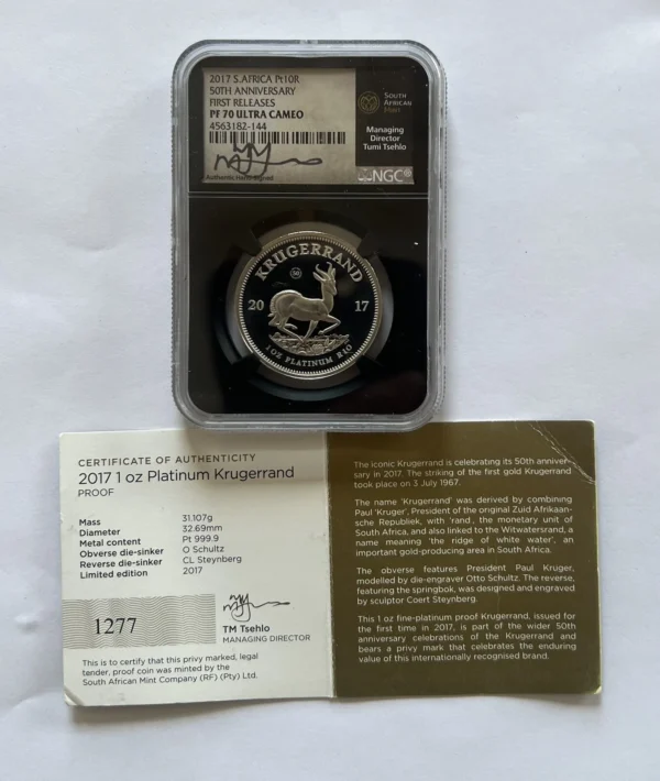 Set of three  1 OZ  /Platinum coins from South African Mint PF70UC signed . - Image 3
