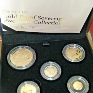 +GOLD PROOF 5 COIN SET 2012  £5.£2,SOV,1/2SOV,1/4SOV MINT AS STRUCK   CERT 291