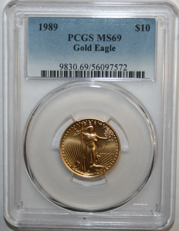 quantity 3 1989 $10 1/4 oz American Gold Eagle PCGS MS 69 and 2 '88 $10 1/4 MS69