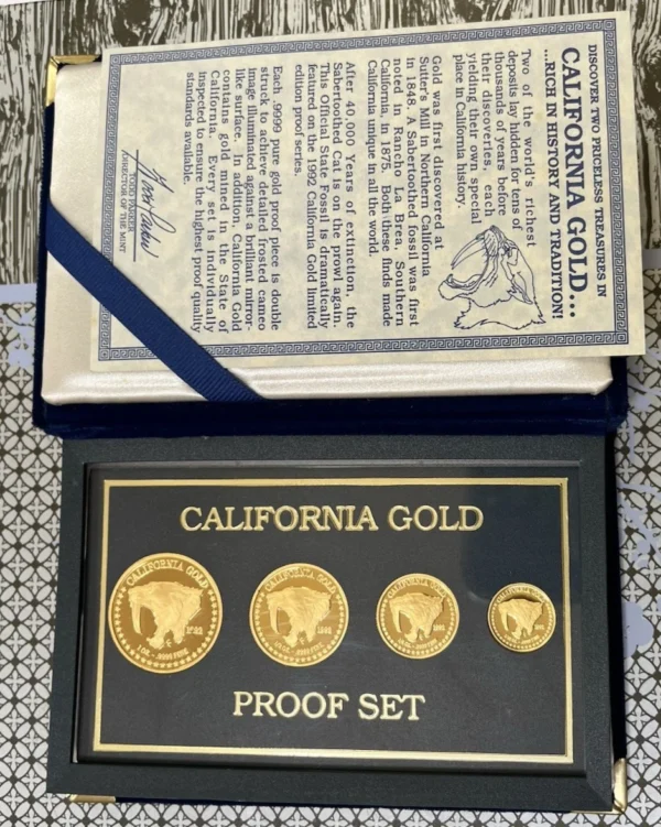 (3) 1.85 OZ California Gold Proof Sets 1990-92 Bear Whale Cat 1, 1/2, 1/4, 1/10 - Image 2