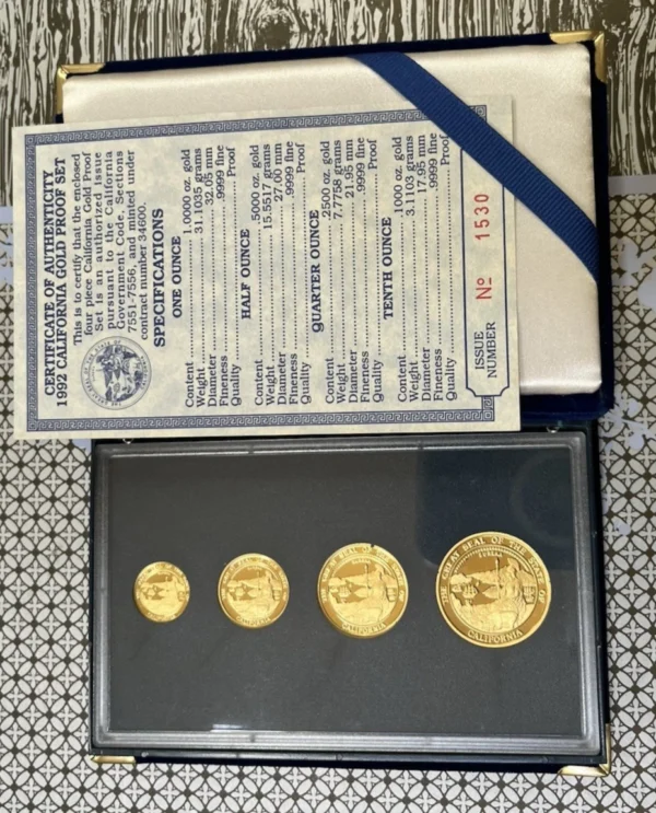 (3) 1.85 OZ California Gold Proof Sets 1990-92 Bear Whale Cat 1, 1/2, 1/4, 1/10 - Image 3