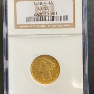 1848-C $5 Liberty Half Eagle Gold Coin, NGC AU-58, Low Mintage, Key Date Coin