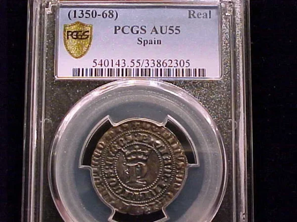 1350-68 Spanish Real Peter I,  PCGS graded AU55, Best Known Grade, Top Pop