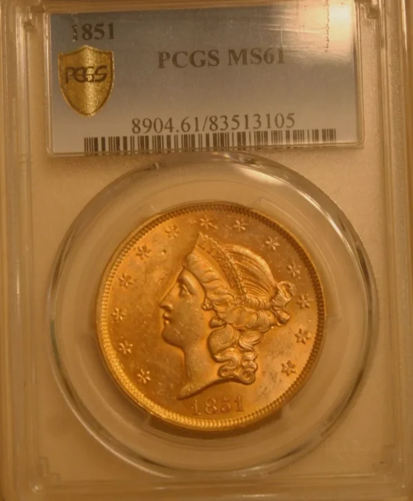 1851 $20 GOLD DOUBLE EAGLE PCGS SECURE MS-61 EXTREMELY NICE EYE APPEAL FOR MS-61