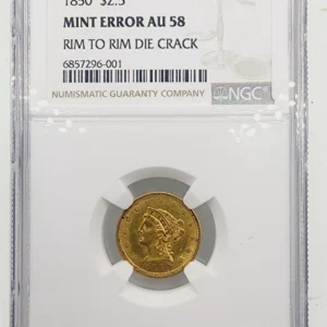 1850 $2.50 Gold Liberty AU58 Rim To Rim Die Crack 1 Of 1 Error Rare