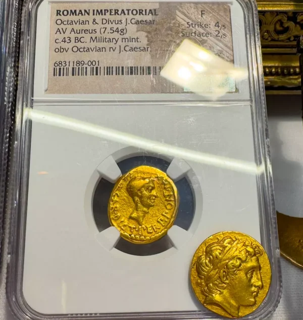 ROMAN IMPERATORIAL "OCTAVIAN" JULIUS CAESAR 43 AD AUREUS NGC F ANCIENT AUGUSTUS