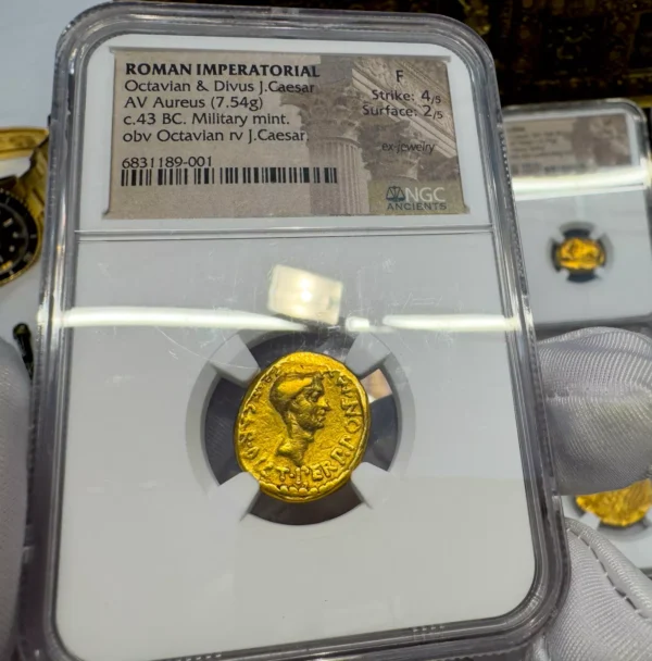 ROMAN IMPERATORIAL "OCTAVIAN" JULIUS CAESAR 43 AD AUREUS NGC F ANCIENT AUGUSTUS - Image 6