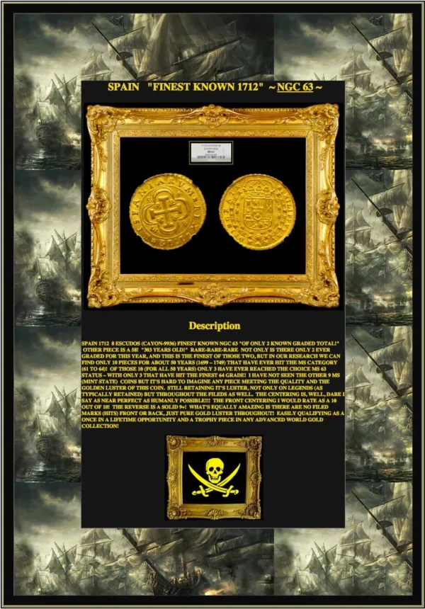 SPAIN 1712 GOLD 8 ESCUDOS FINEST KNOWN DOUBLOON COIN TREASURE SHIPWRECK PIRATE - Image 2
