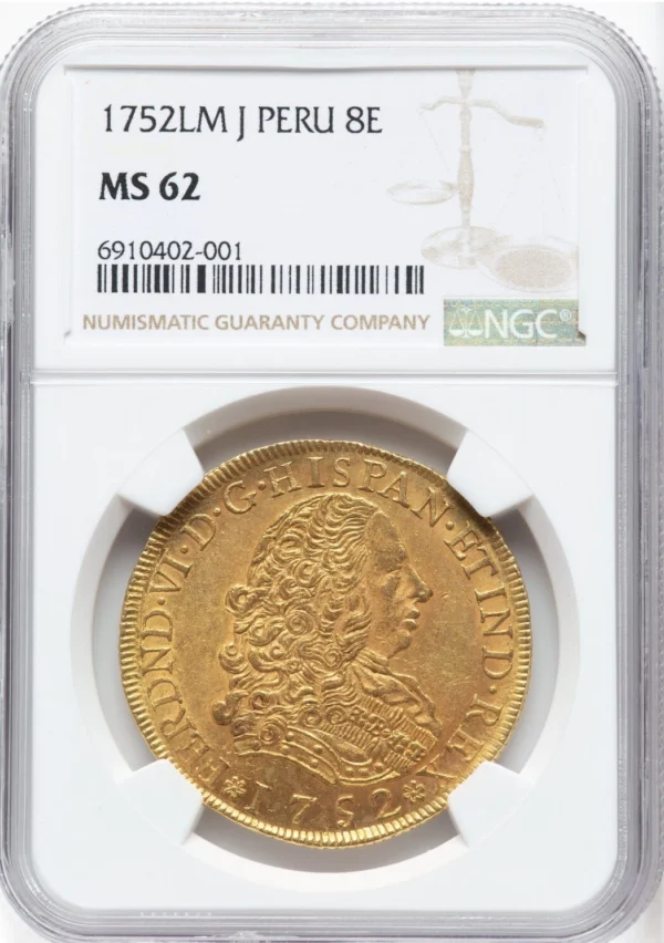 1752 8 Escudos MS 62 Peru Gold Coin - Rare Spain Colonial Treasure